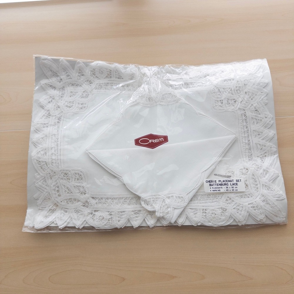 Vintage Orem Battenburg Lace Placemat Napkin Set White Cherie 8pc Scalloped